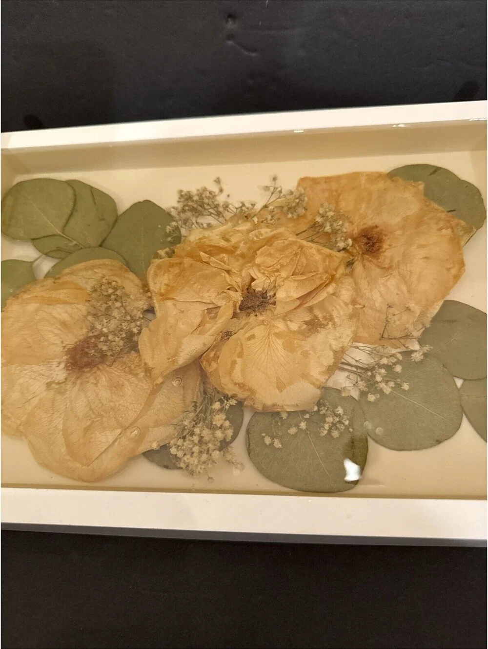 Vtg Wooden Serving Tray W Gold Metal Handles Dried Flowers In Lucite 11.75” L